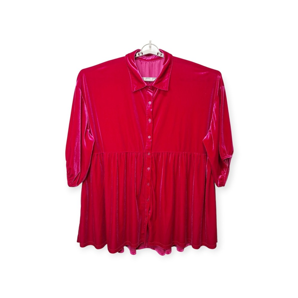 Womens 5XL Pink Button Up Tiered Baby Doll Tunic Top Velour 3/4 Sleeve